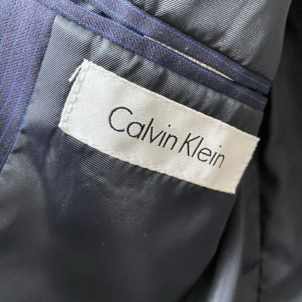 CALVIN KLEIN Boys Blazer Size 6 Navy Blue Pinstripe Suit Jacket